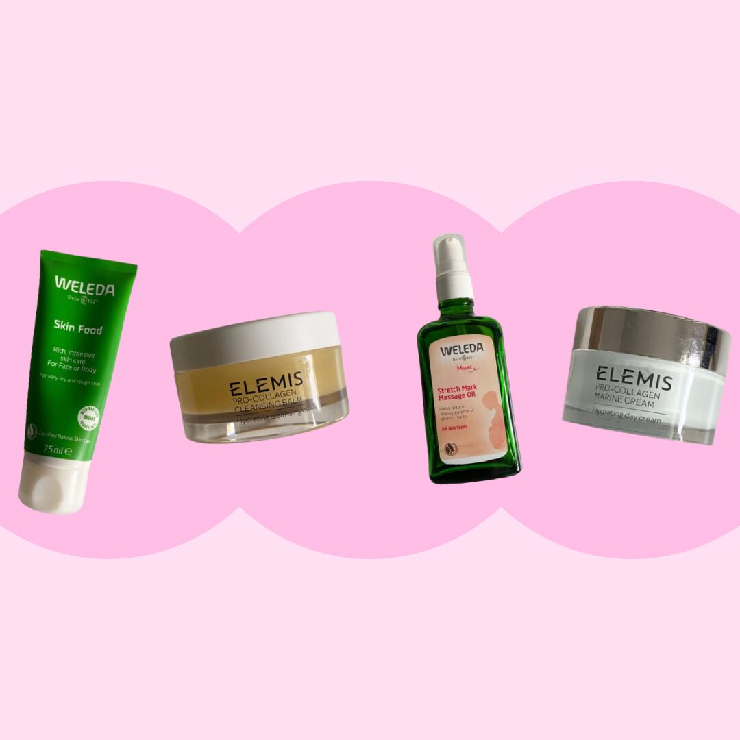 skincare products on a pink background